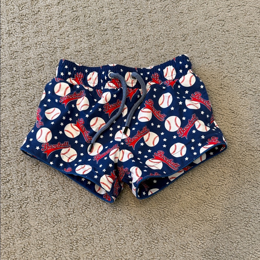 SweetHoney Kids Swim Trunks - Blue with Red and White Baseball Print 0265
